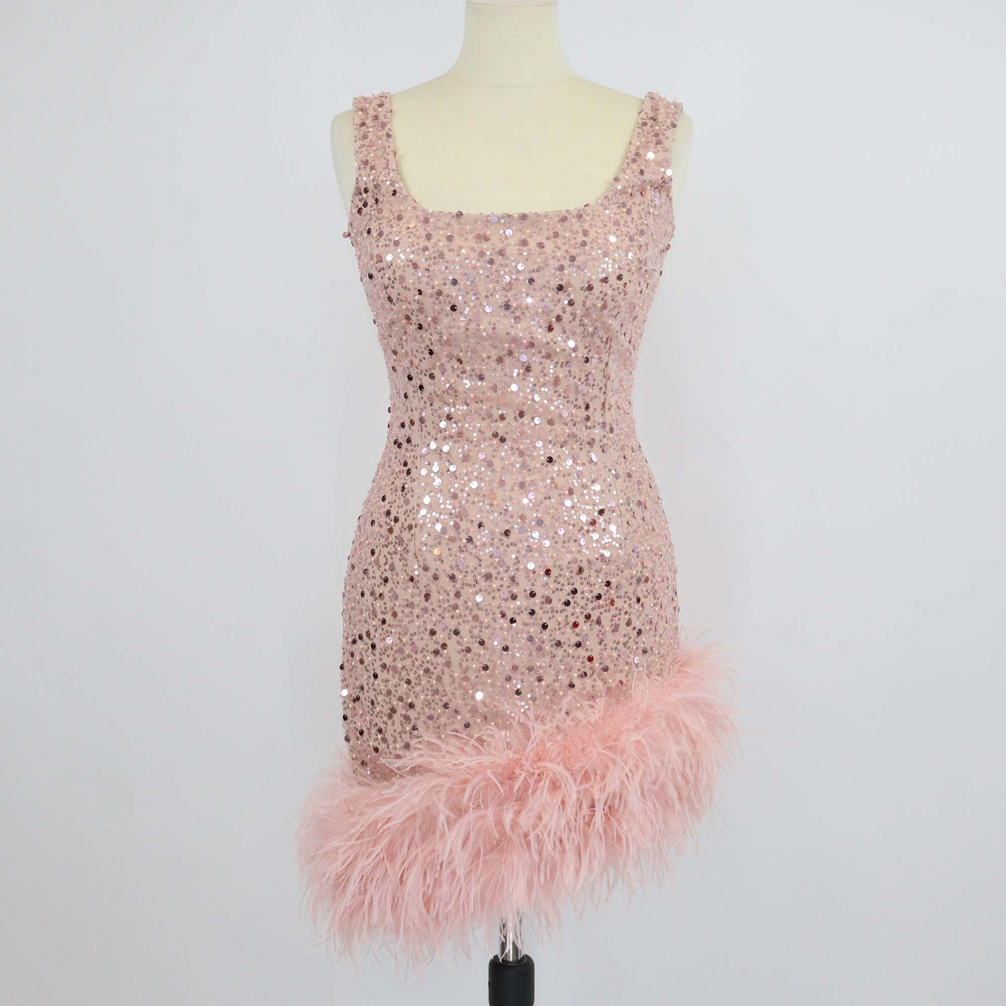 Nadine Merabi Pink Polyester Evie Sequins and Feather Hem Mini Dress