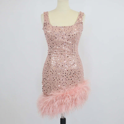 Nadine Merabi Pink Polyester Evie Sequins and Feather Hem Mini Dress