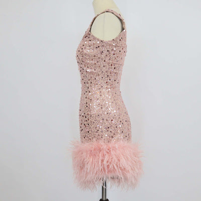 Nadine Merabi Pink Polyester Evie Sequins and Feather Hem Mini Dress
