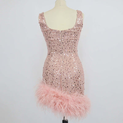 Nadine Merabi Pink Polyester Evie Sequins and Feather Hem Mini Dress