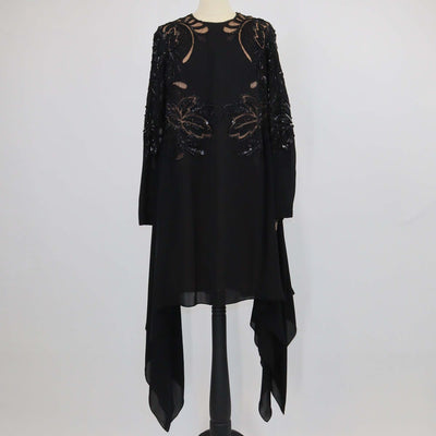 Elie Saab Black Silk Sequin & Beaded Long Sleeve Tunic Dress