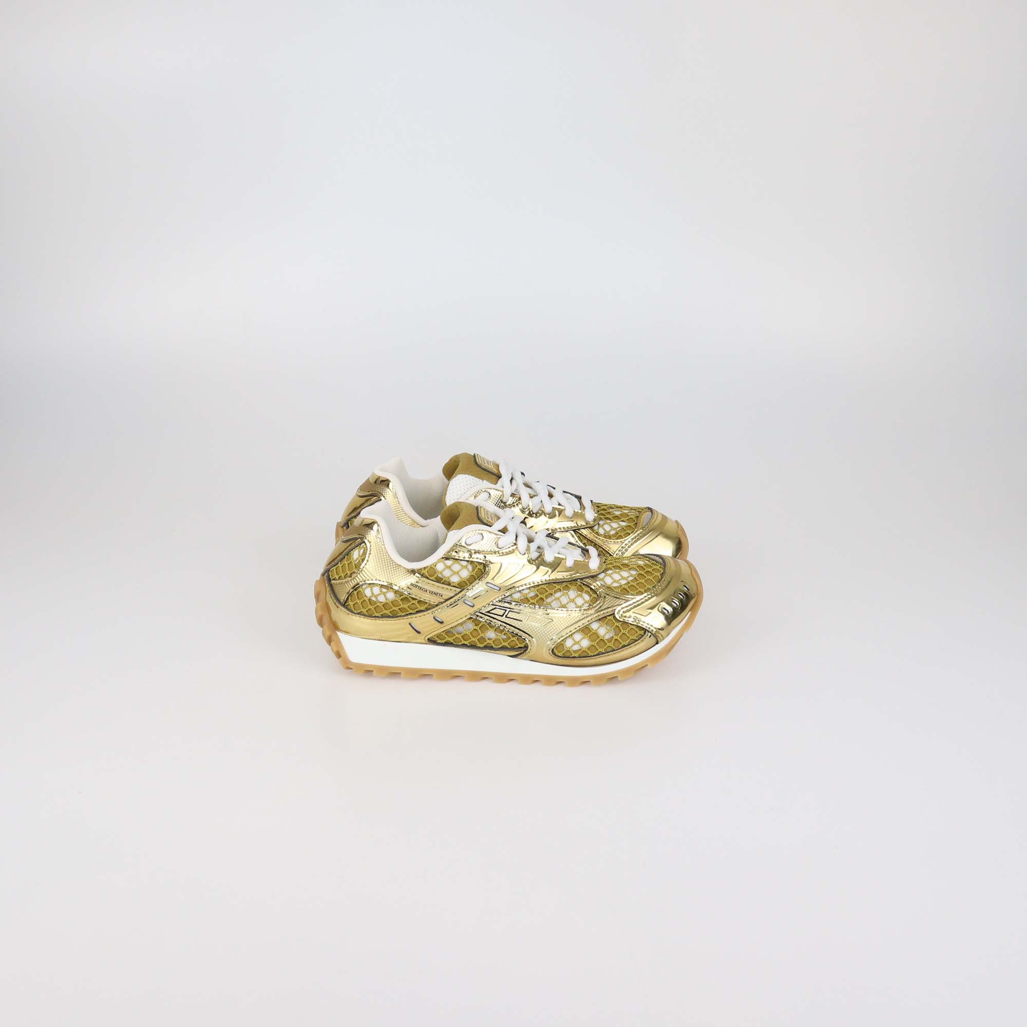 Bottega Veneta Gold/White Technical Fabric and Mesh Orbit Sneakers