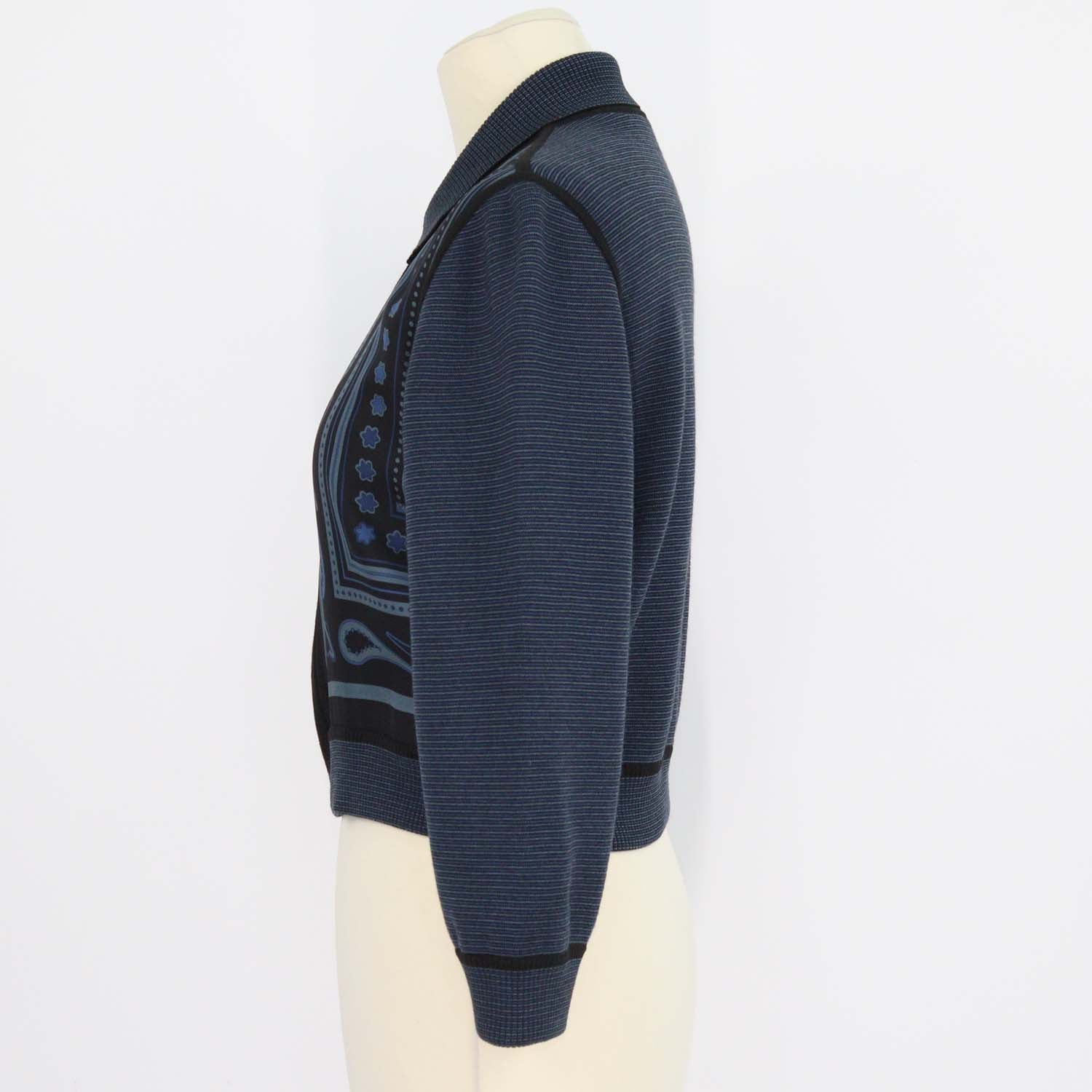 Hermes Blue Silk Wool Blend Candy Libris Print Long Sleeve Polo Top