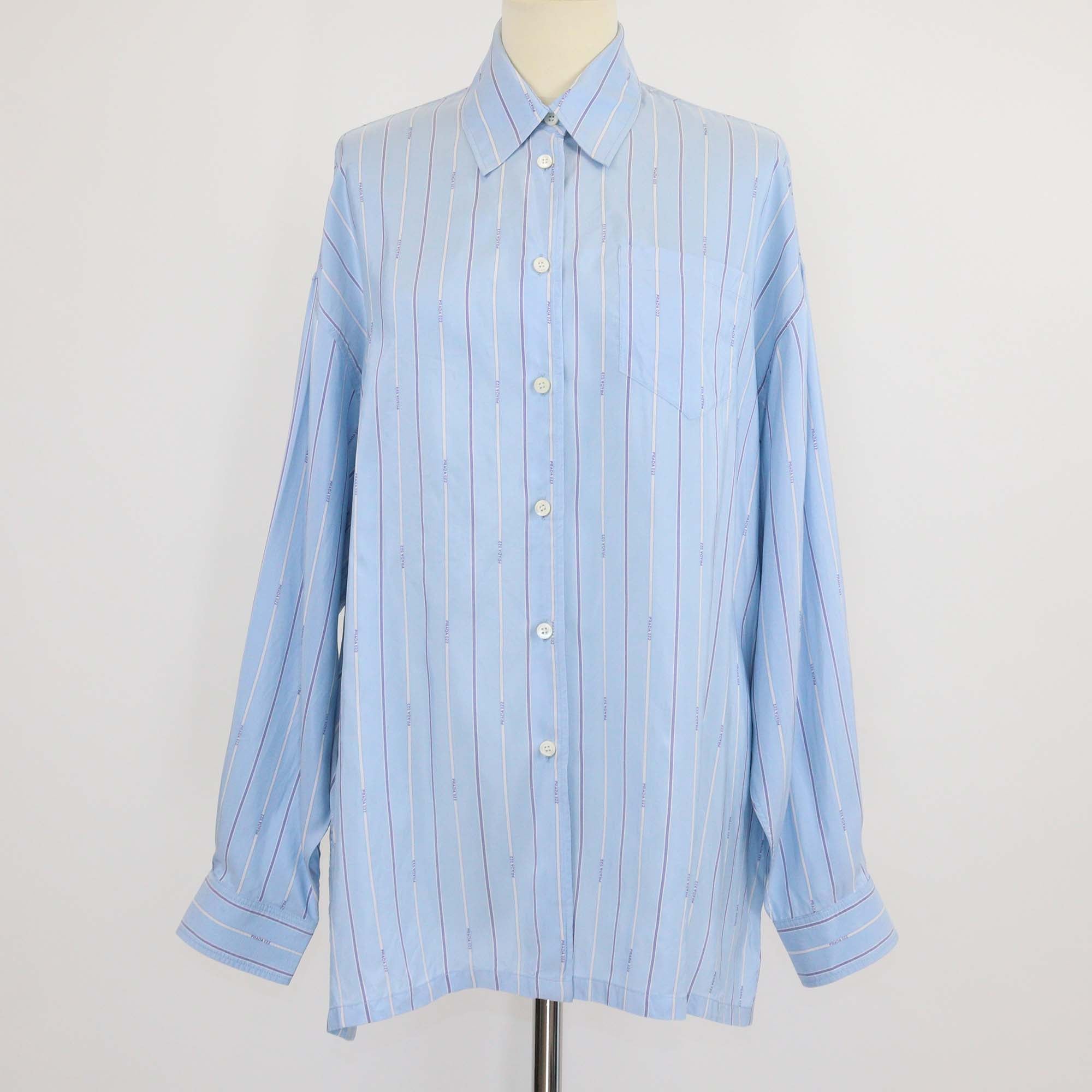 Prada Blue Silk Stripe Logo 022 Printed Long Sleeve Shirt