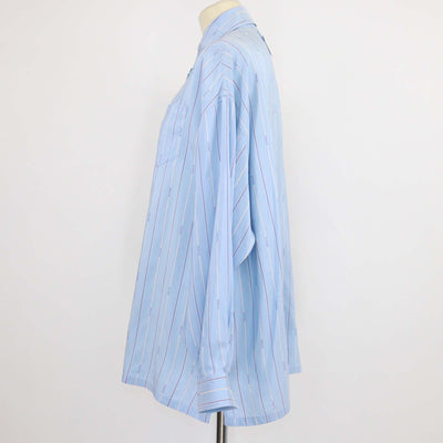 Prada Blue Silk Stripe Logo 022 Printed Long Sleeve Shirt