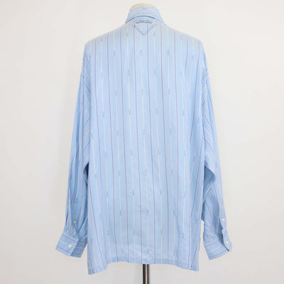 Prada Blue Silk Stripe Logo 022 Printed Long Sleeve Shirt