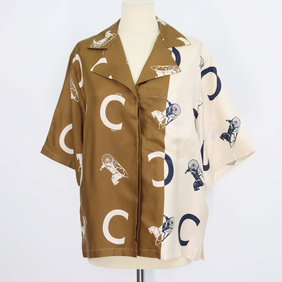 Celine Tricolor Silk Carriage Print Pyjama Short Sleeve Shirt