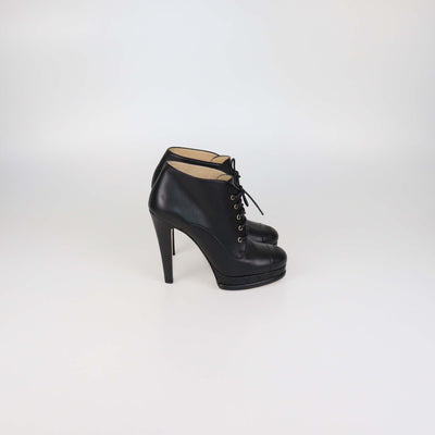 Chanel Black Leather Lace Up Platform Cap Toe Booties