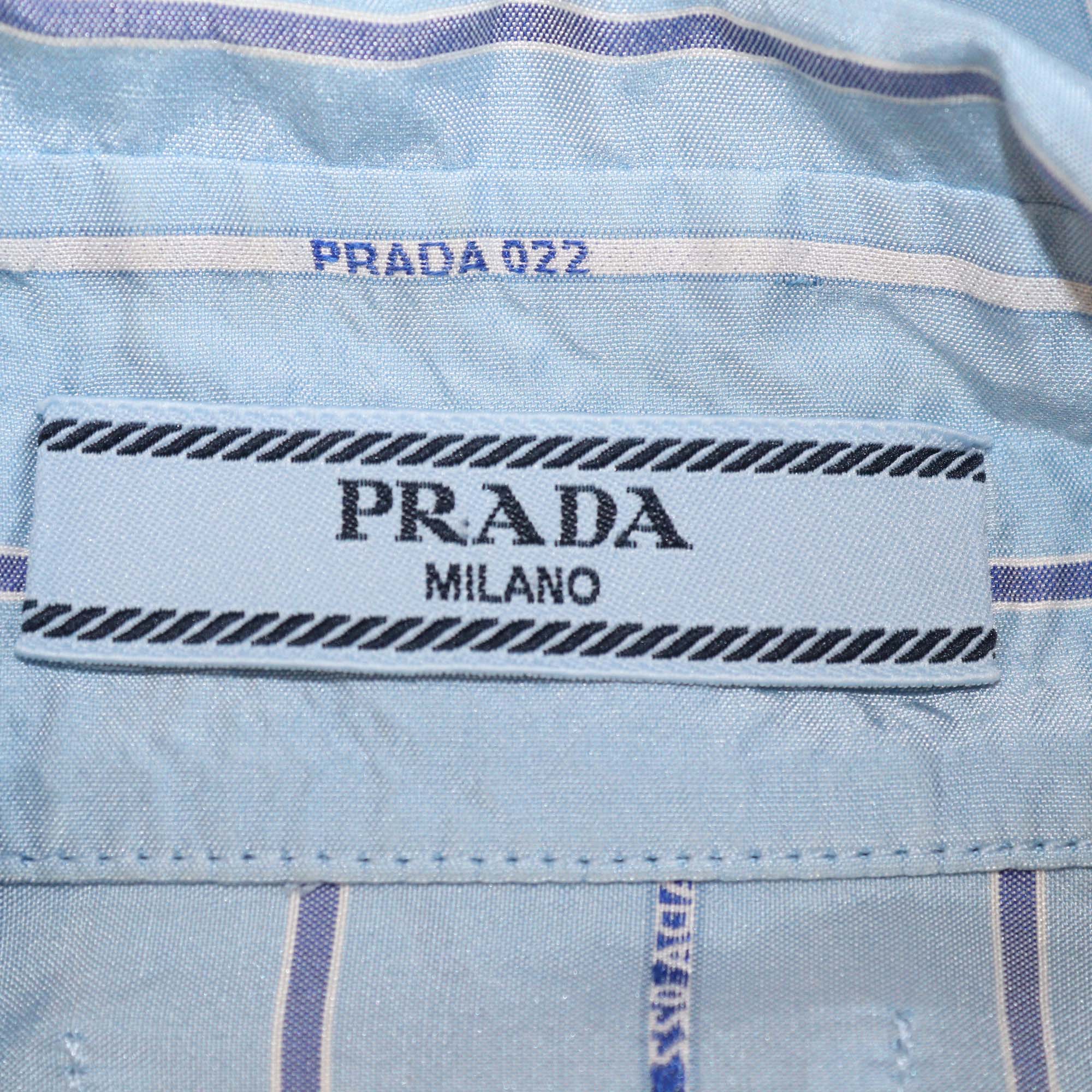 Prada Blue Silk Stripe Logo 022 Printed Long Sleeve Shirt