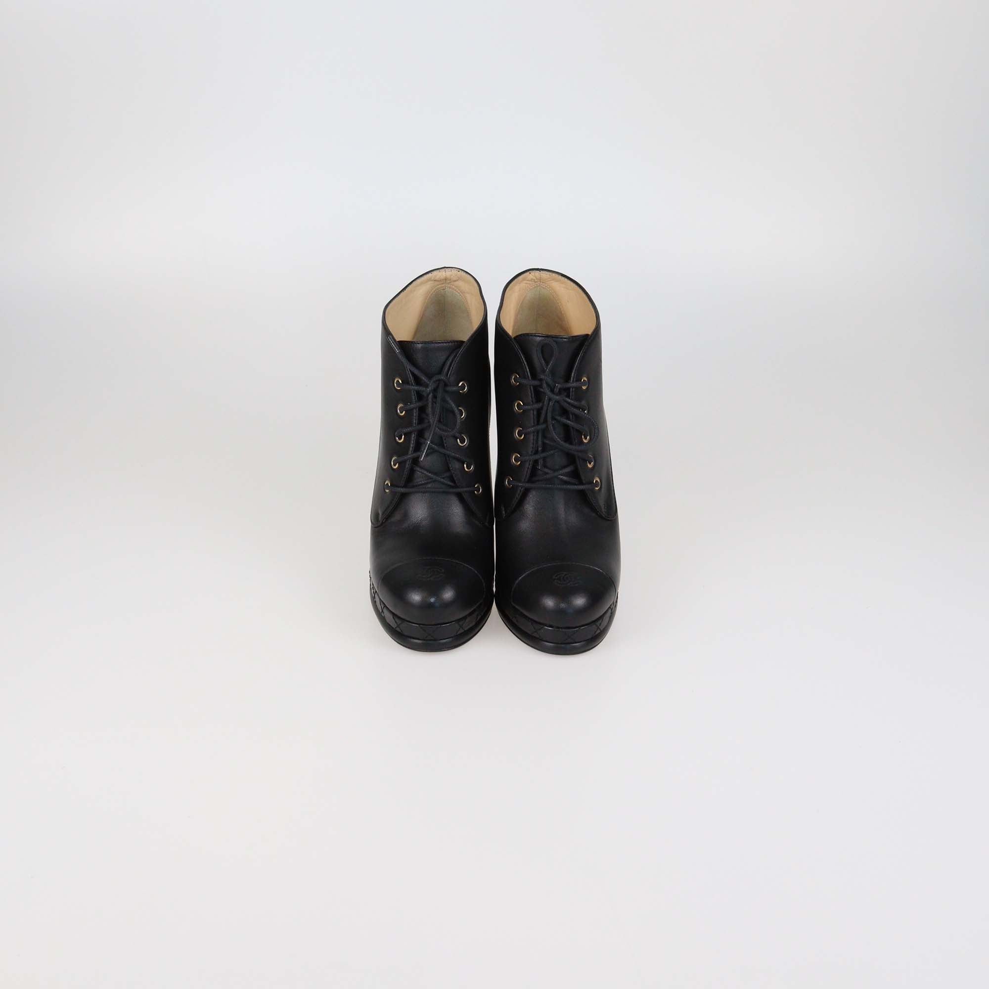 Chanel Black Leather Lace Up Platform Cap Toe Booties