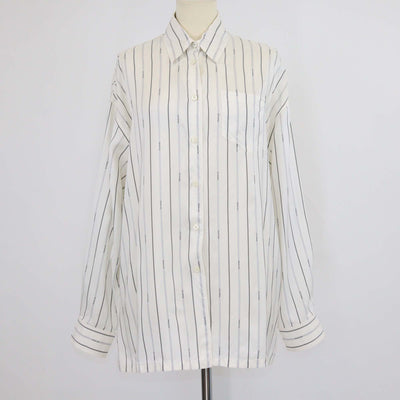 Prada White Silk Stripe Logo 022 Printed Long Sleeve Shirt