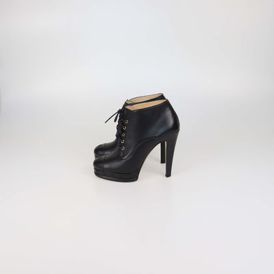 Chanel Black Leather Lace Up Platform Cap Toe Booties