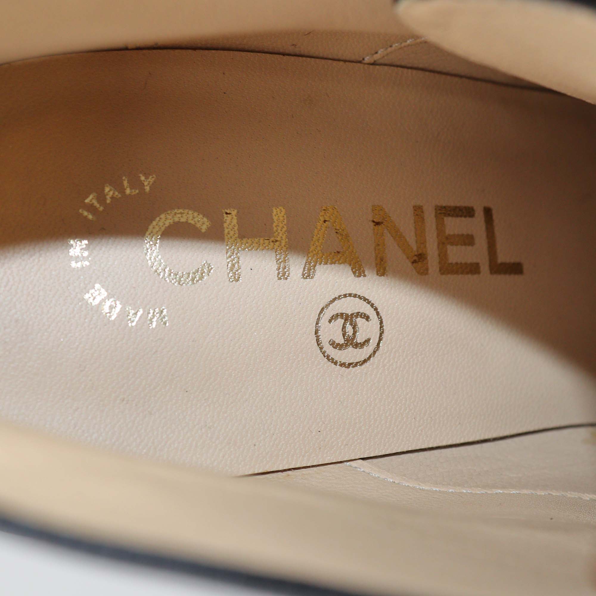 Chanel Black Leather Lace Up Platform Cap Toe Booties