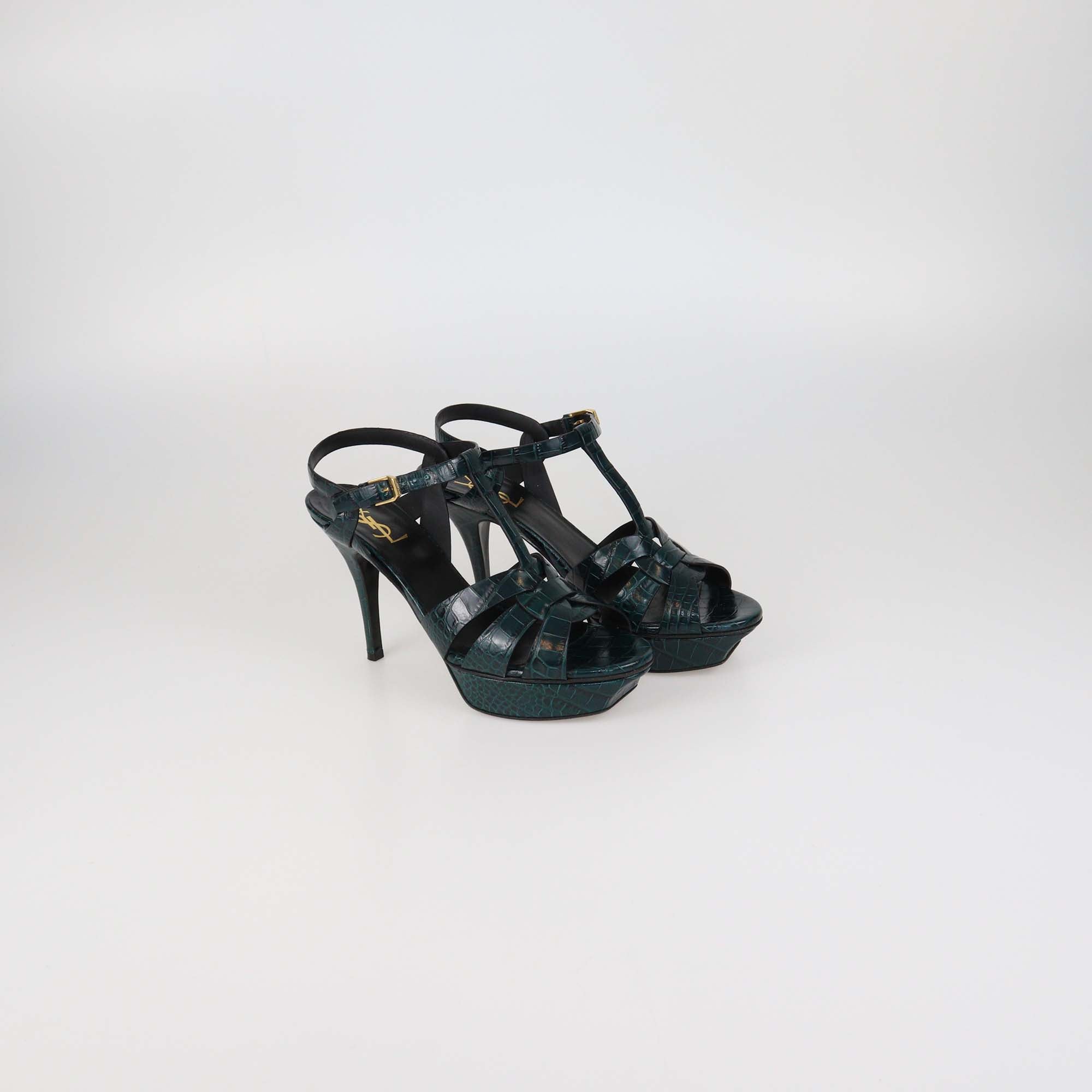 Saint laurent Green Croc Embossed Leather Tribute Platform Sandals