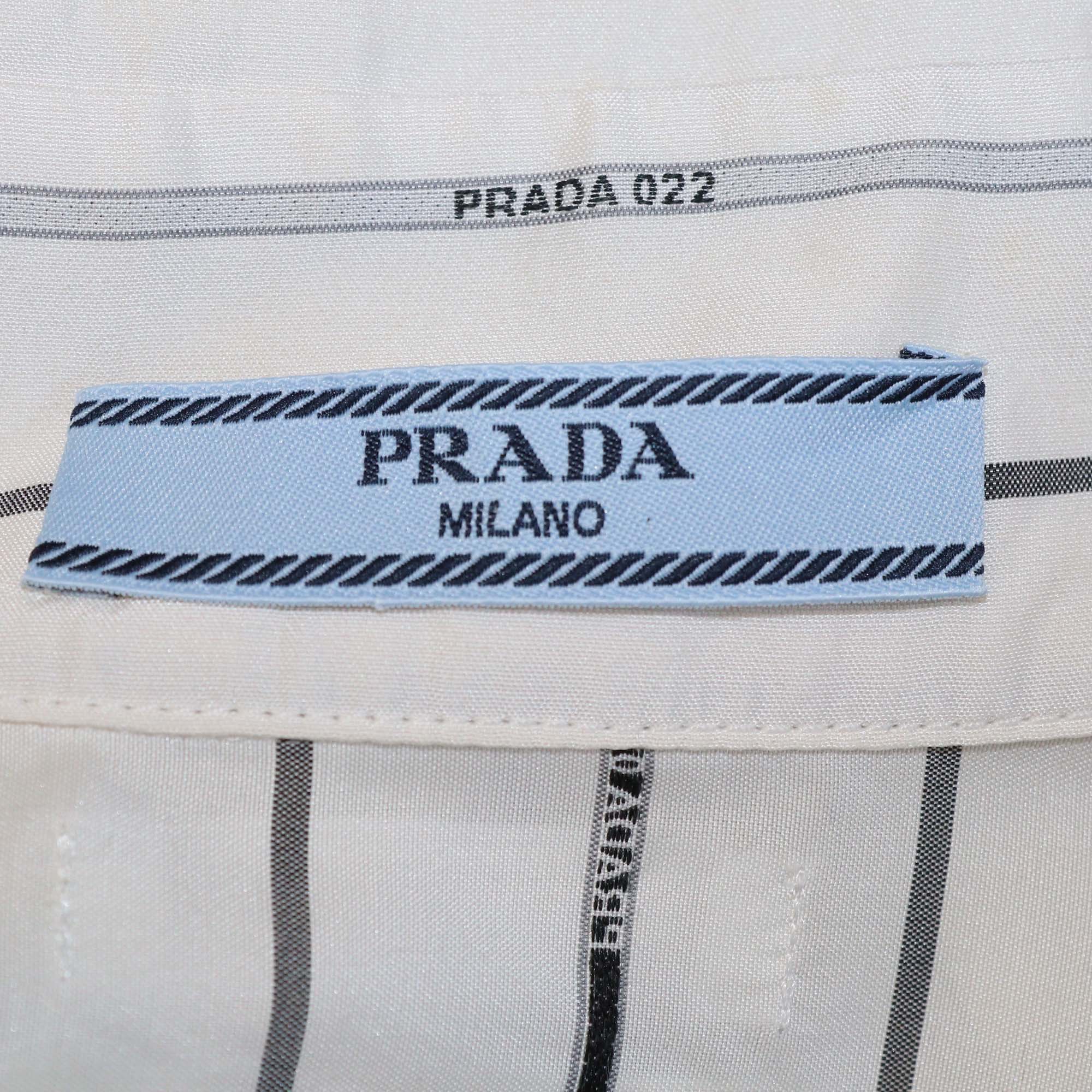 Prada White Silk Stripe Logo 022 Printed Long Sleeve Shirt