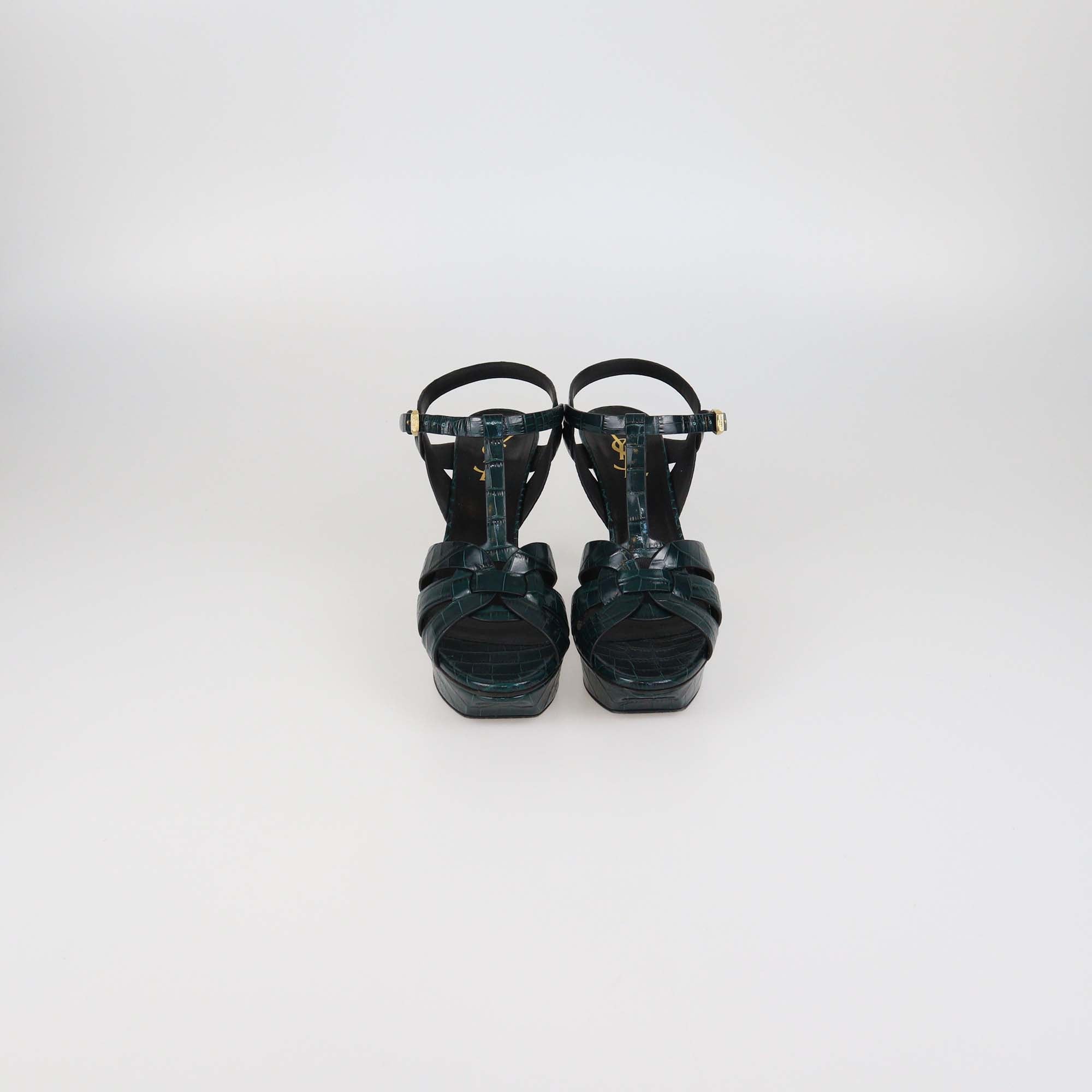 Saint laurent Green Croc Embossed Leather Tribute Platform Sandals