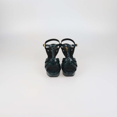 Saint laurent Green Croc Embossed Leather Tribute Platform Sandals