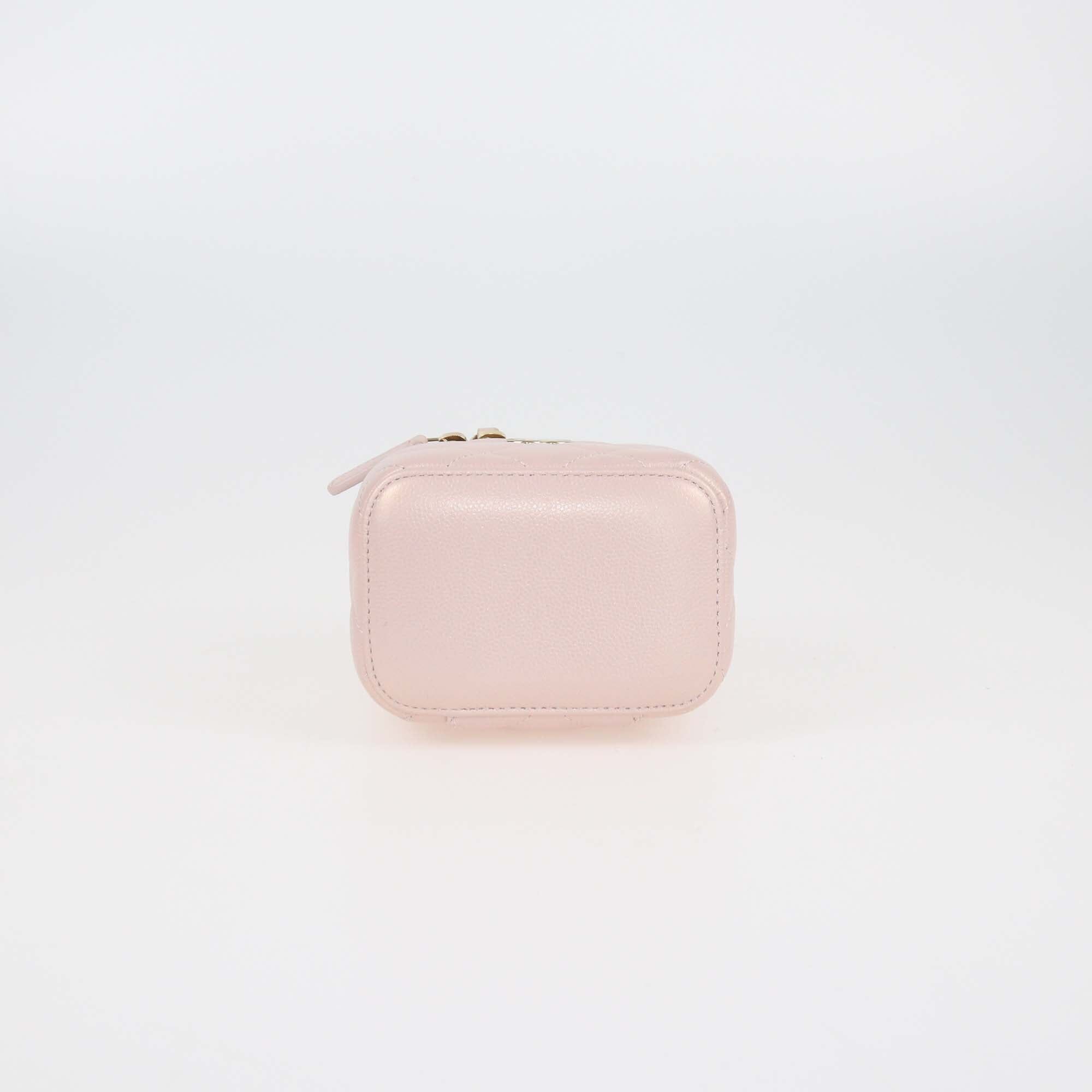 Chanel Metallic Pink Quilted Caviar Mini Pearl On Top Vanity Case w/ Chain Womens Chanel 