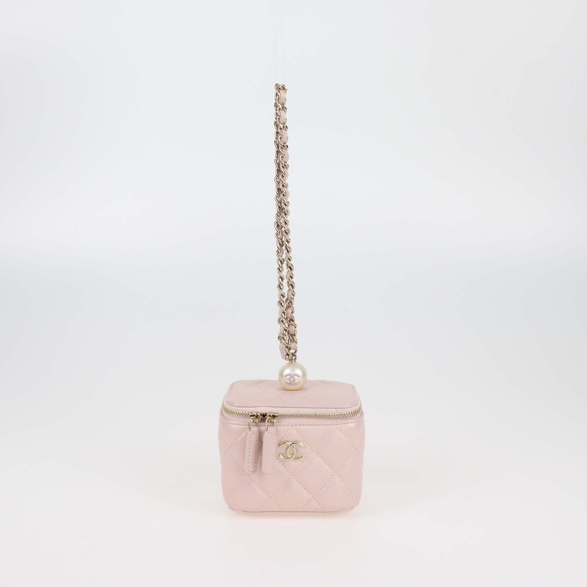 Chanel Metallic Pink Quilted Caviar Mini Pearl On Top Vanity Case w/ Chain Womens Chanel 
