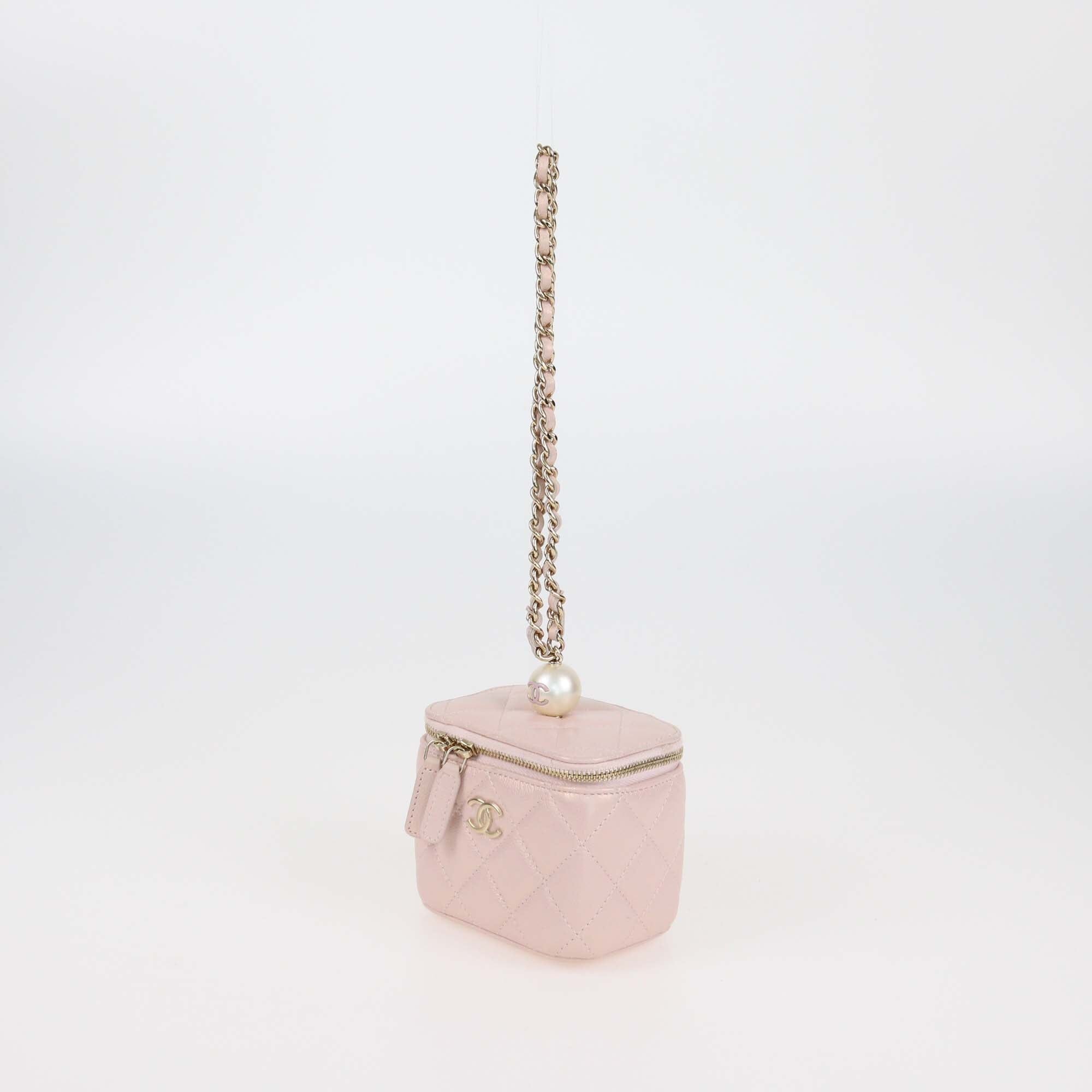 Chanel Metallic Pink Quilted Caviar Mini Pearl On Top Vanity Case w/ Chain Womens Chanel 