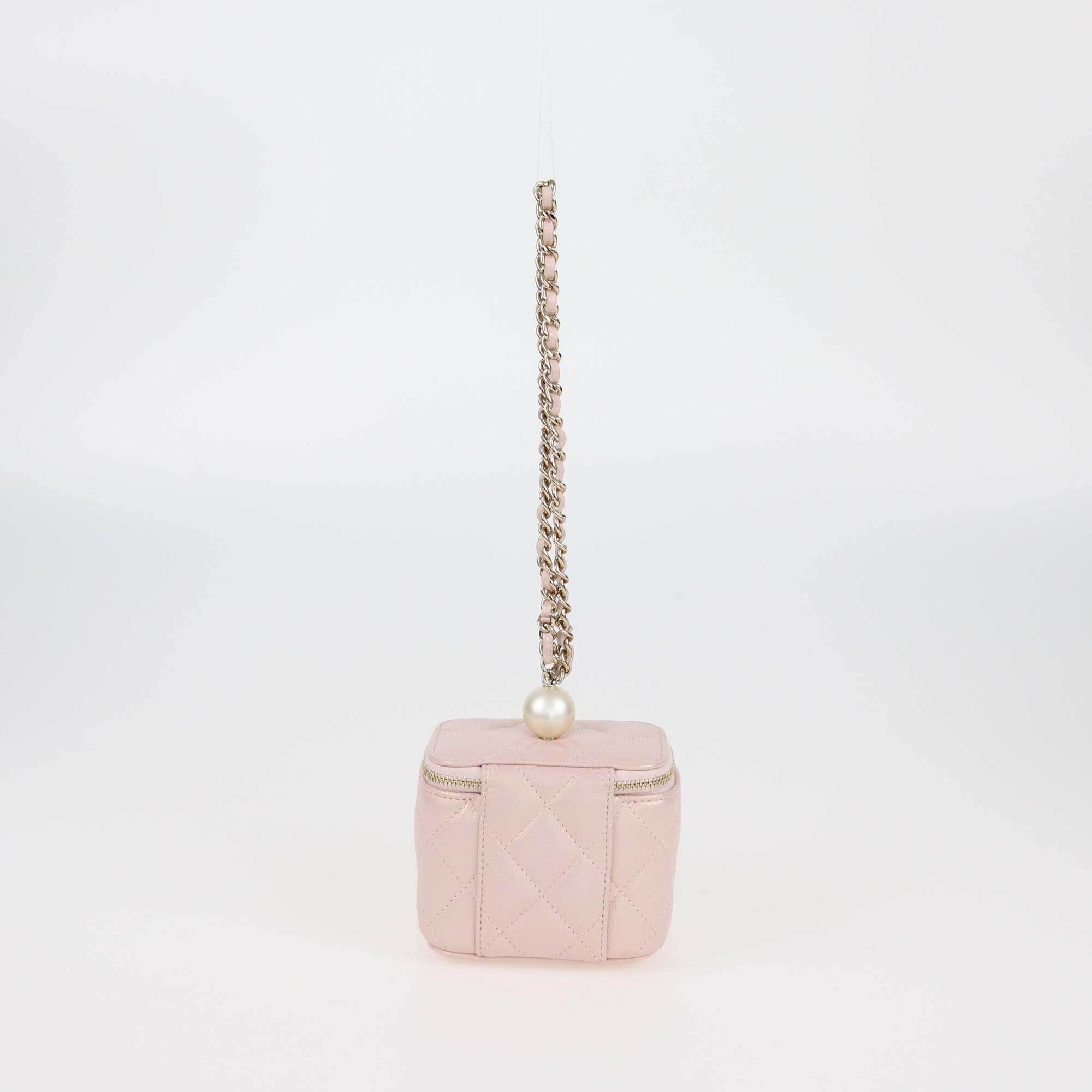Chanel Metallic Pink Quilted Caviar Mini Pearl On Top Vanity Case w/ Chain Womens Chanel 