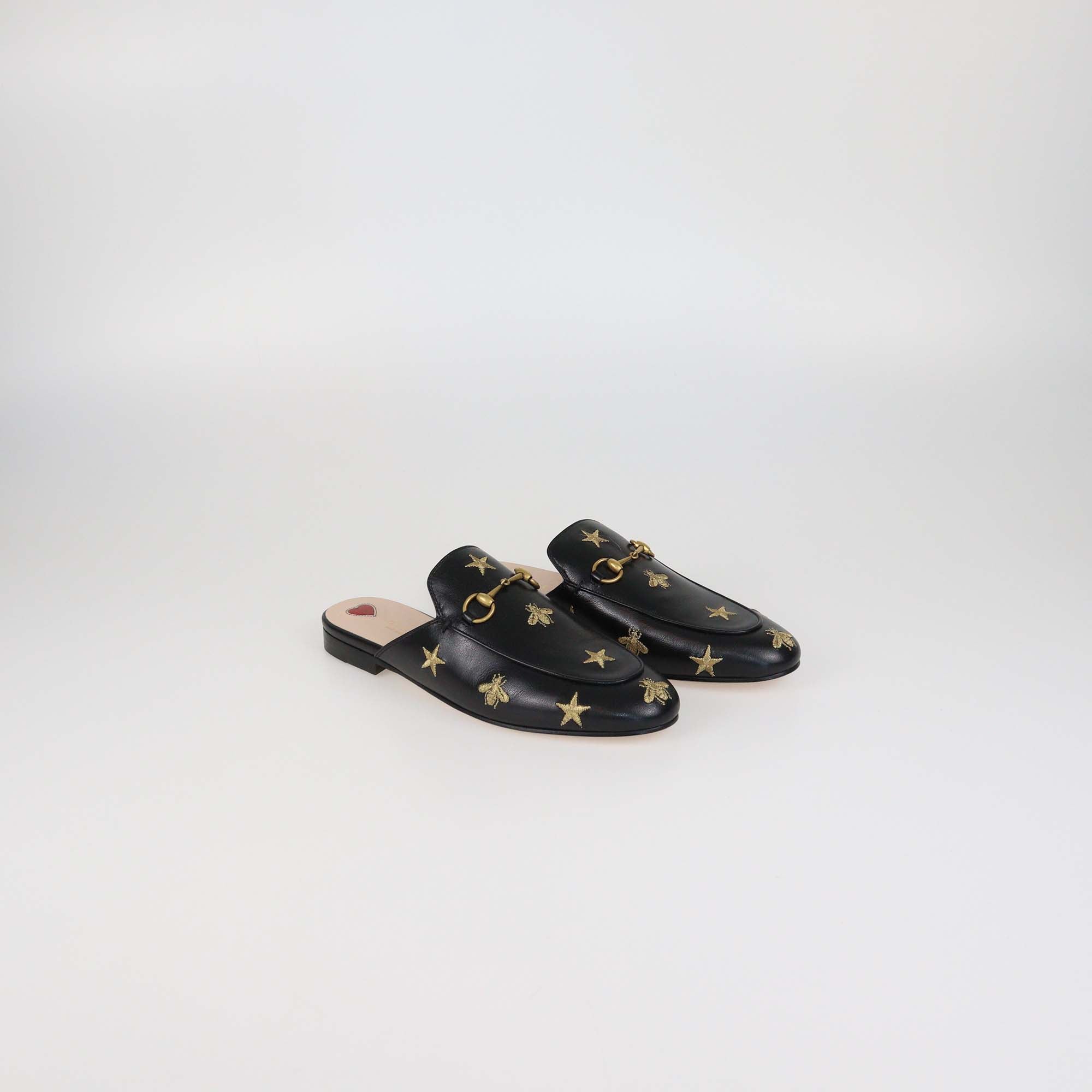 Gucci Black Leather Star & Bee Embroidered Princetown Mules