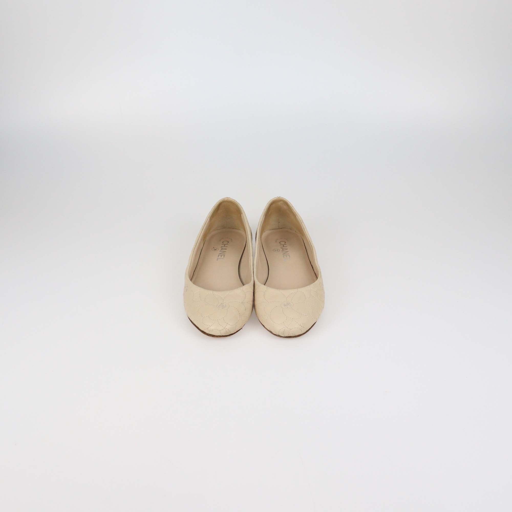 Chanel Beige Camellia Embroidered Leather Flat Pumps