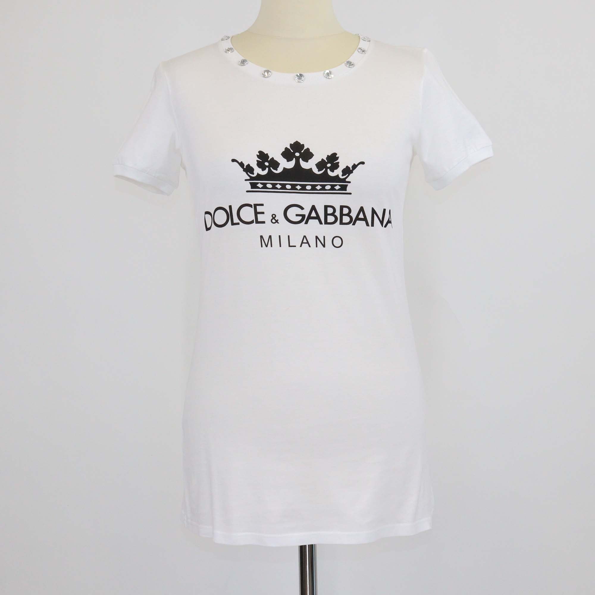 Dolce & Gabbana White Cotton Print Rhinestone T-Shirt