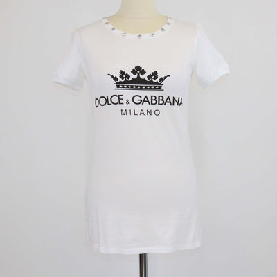 Dolce & Gabbana White Cotton Print Rhinestone T-Shirt