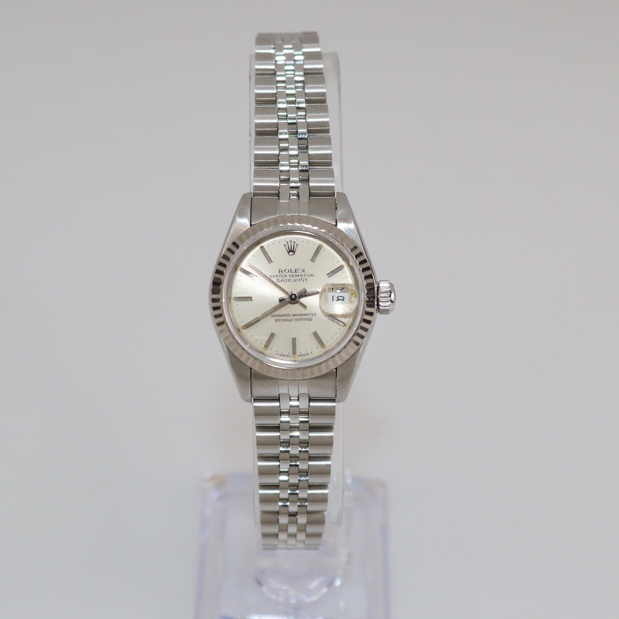 Rolex Silver 18K White Gold Stainless Steel Datejust 69174 Women's Watch 26 mm Womens Rolex 