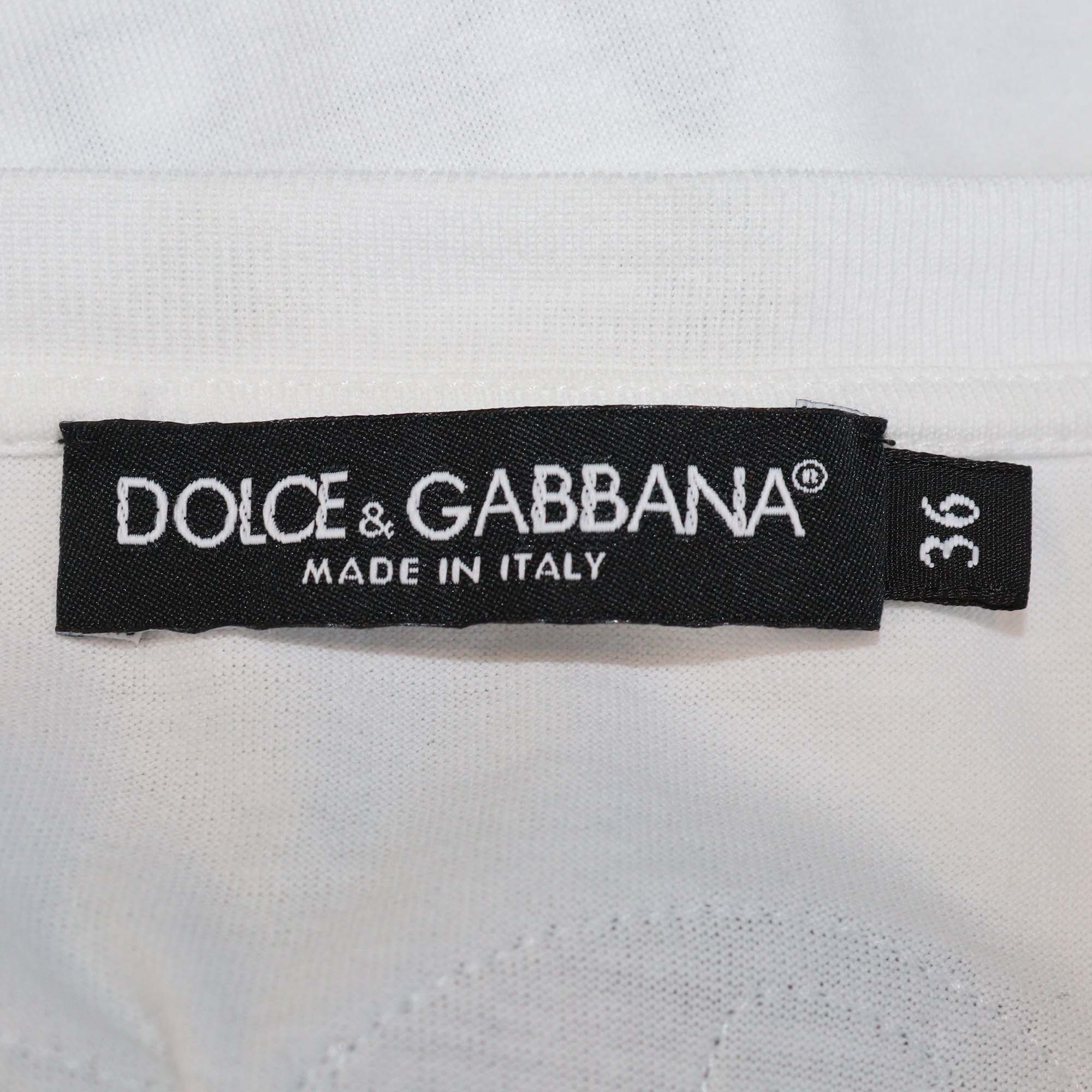 Dolce & Gabbana White Cotton Print Rhinestone T-Shirt