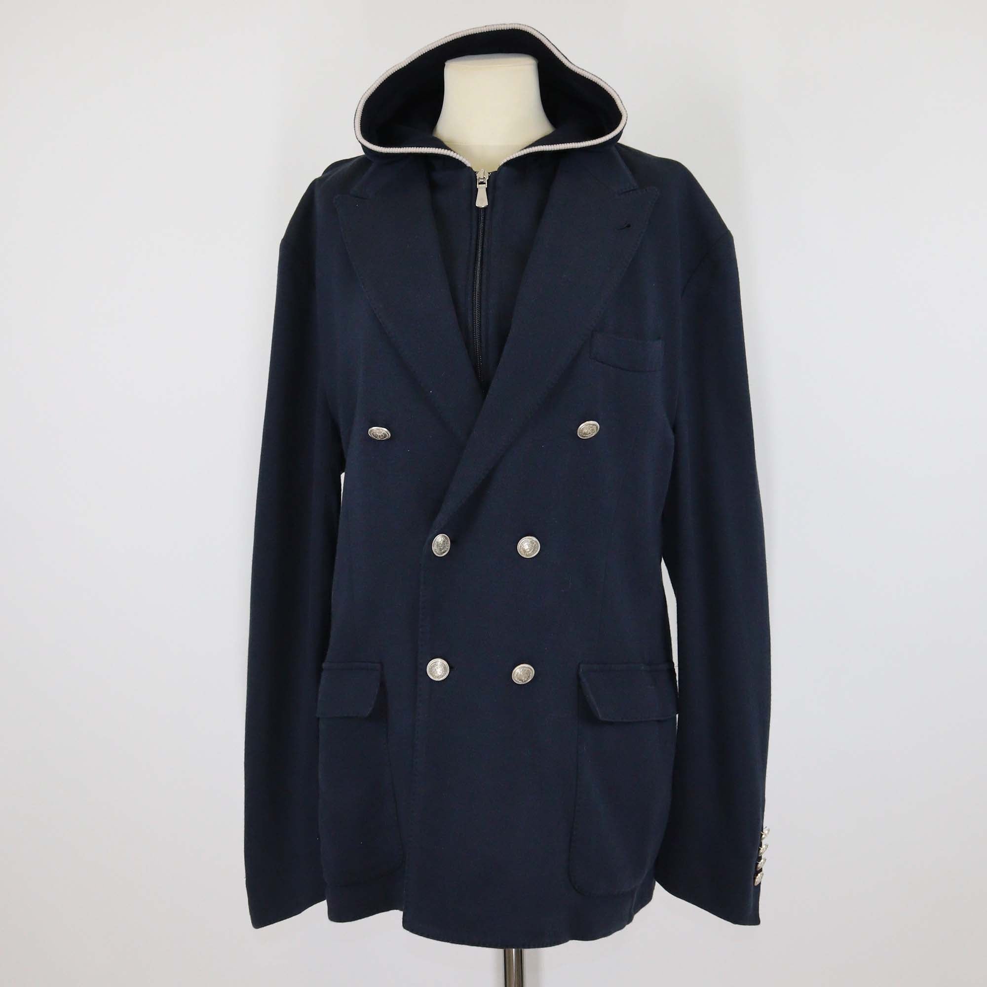Eleventy Navy Blue Cotton Single Breasted & Zip Front Panelled Hooded Jacket