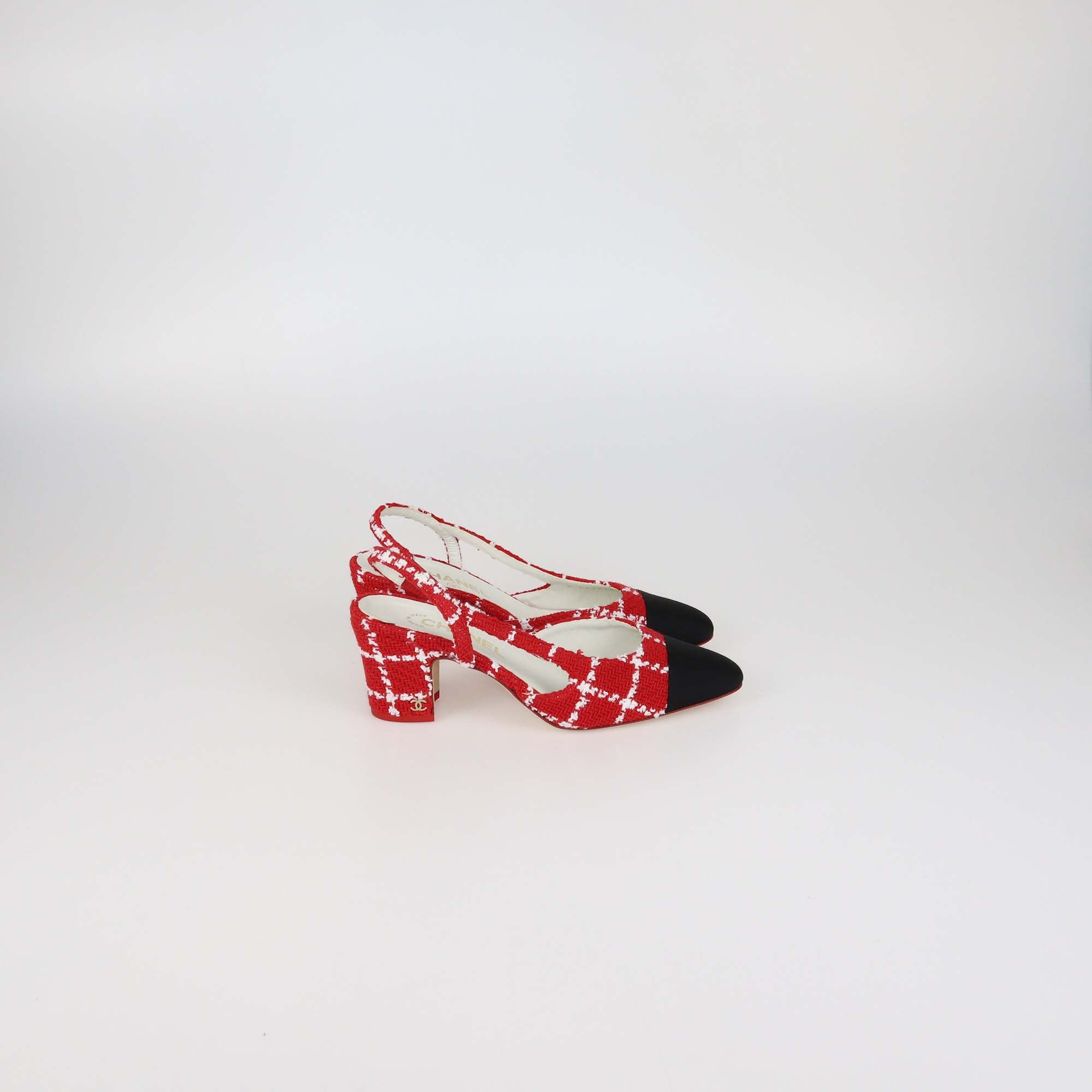 Chanel Tricolor Tweed and Nylon Slingback Cap Toe Pumps