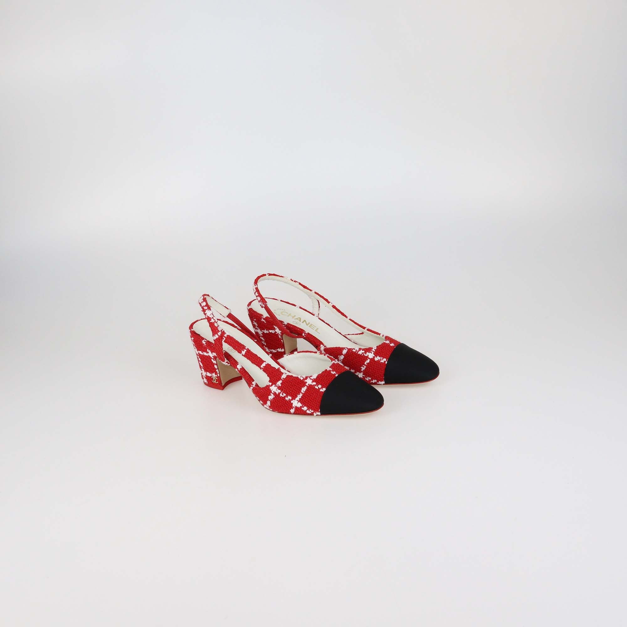 Chanel Tricolor Tweed and Nylon Slingback Cap Toe Pumps