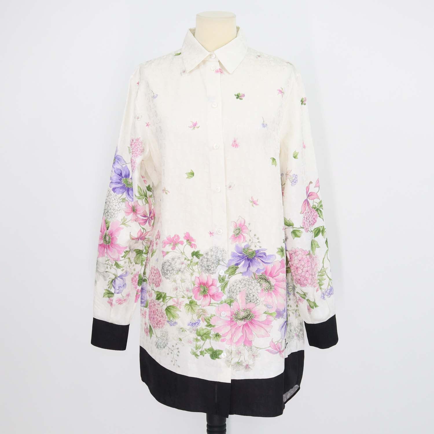 Christian Dior Cream Silk Oblique Hortensia Garden Long Blouse