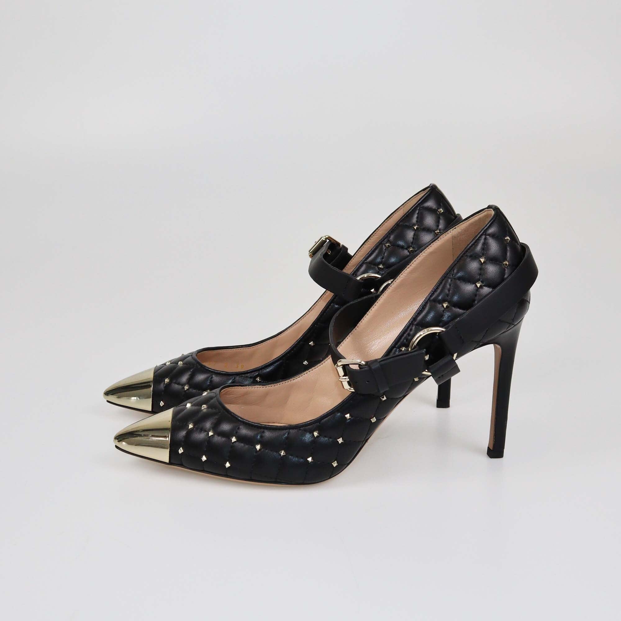 Valentino Black Quilted Rockstud Spike Ankle Strap Cap Toe Pumps Womens Valentino 