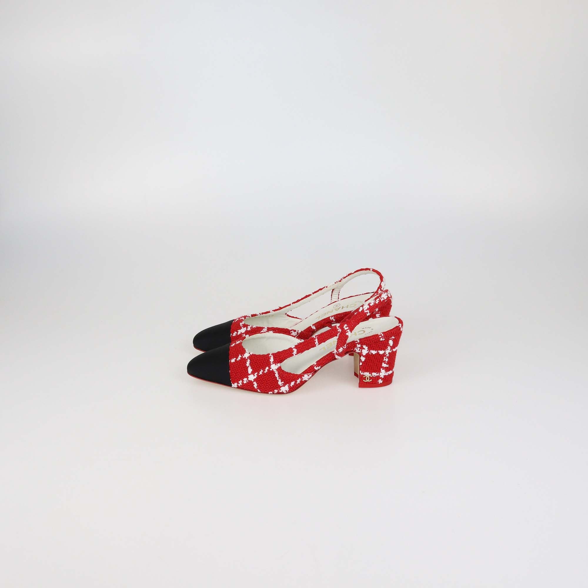 Chanel Tricolor Tweed and Nylon Slingback Cap Toe Pumps