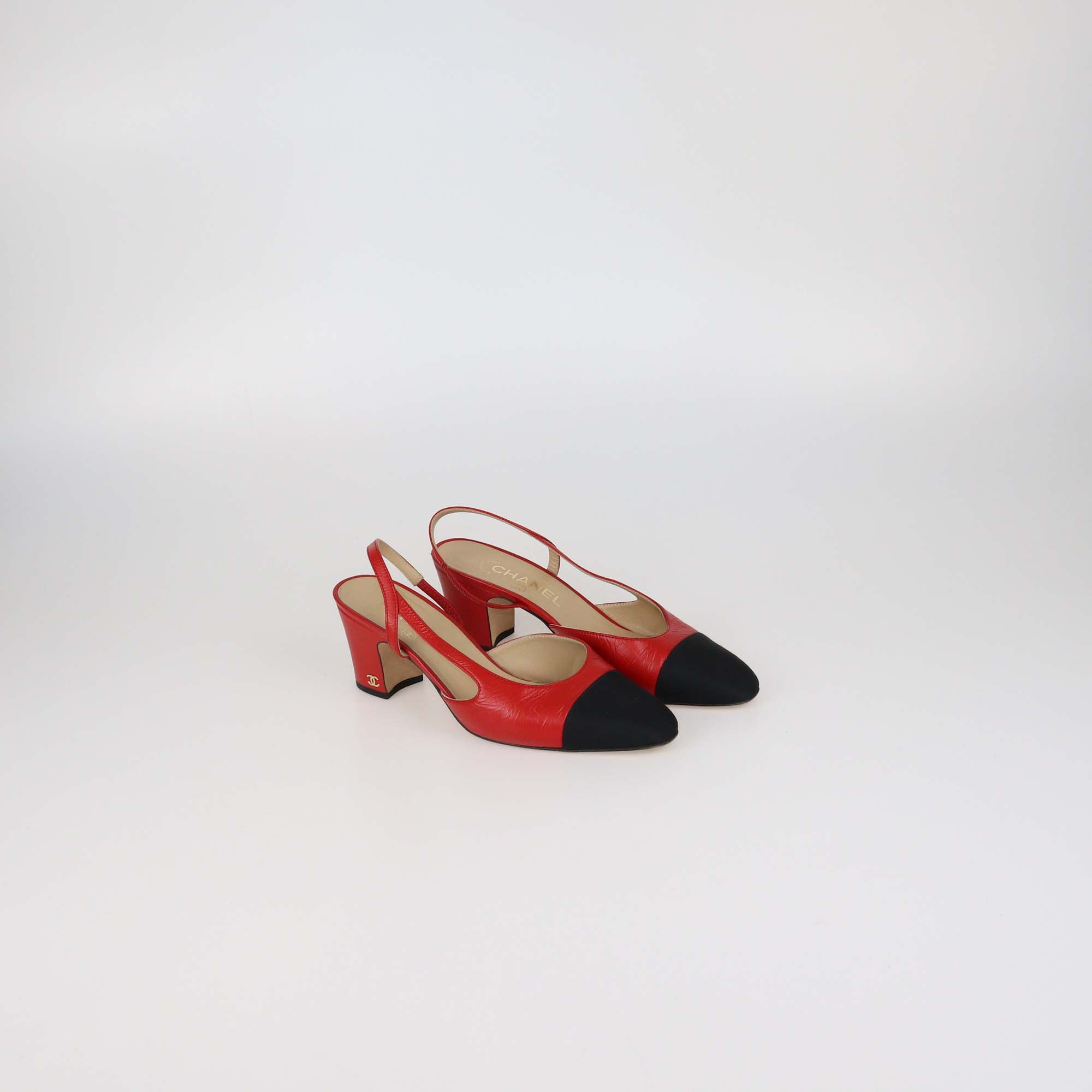 Chanel Red/Black Leather and Nylon Slingback Cap Toe Pumps