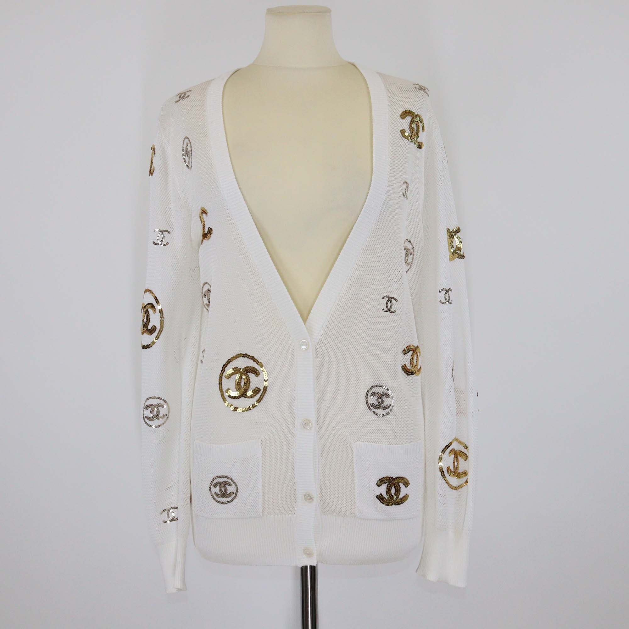 Chanel White/Gold Mesh Viscose CC Logo Sequins Cardigan