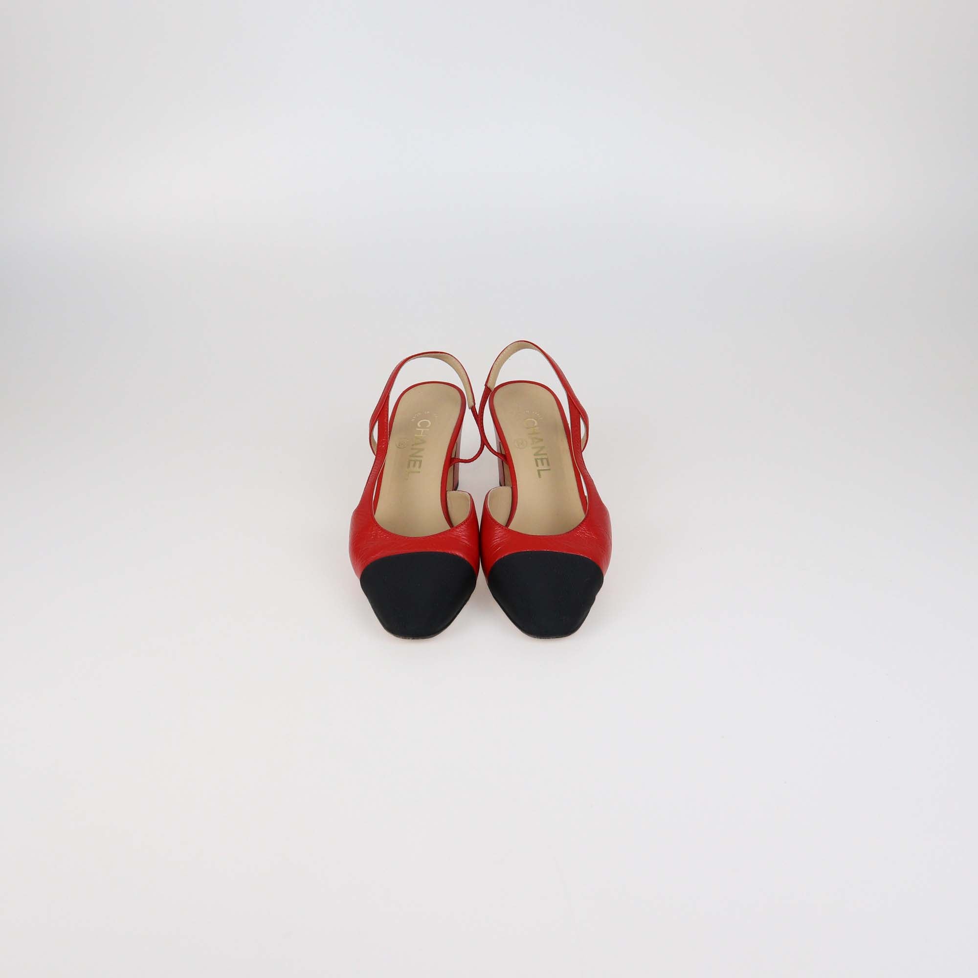Chanel Red/Black Leather and Nylon Slingback Cap Toe Pumps