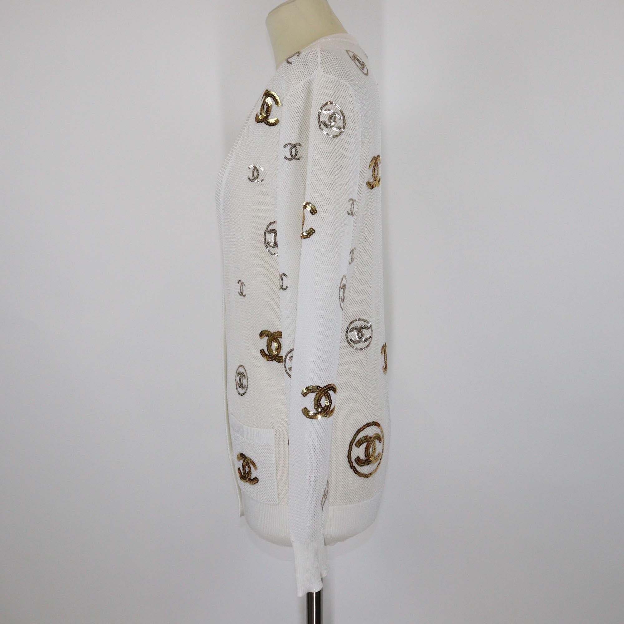 Chanel White/Gold Mesh Viscose CC Logo Sequins Cardigan