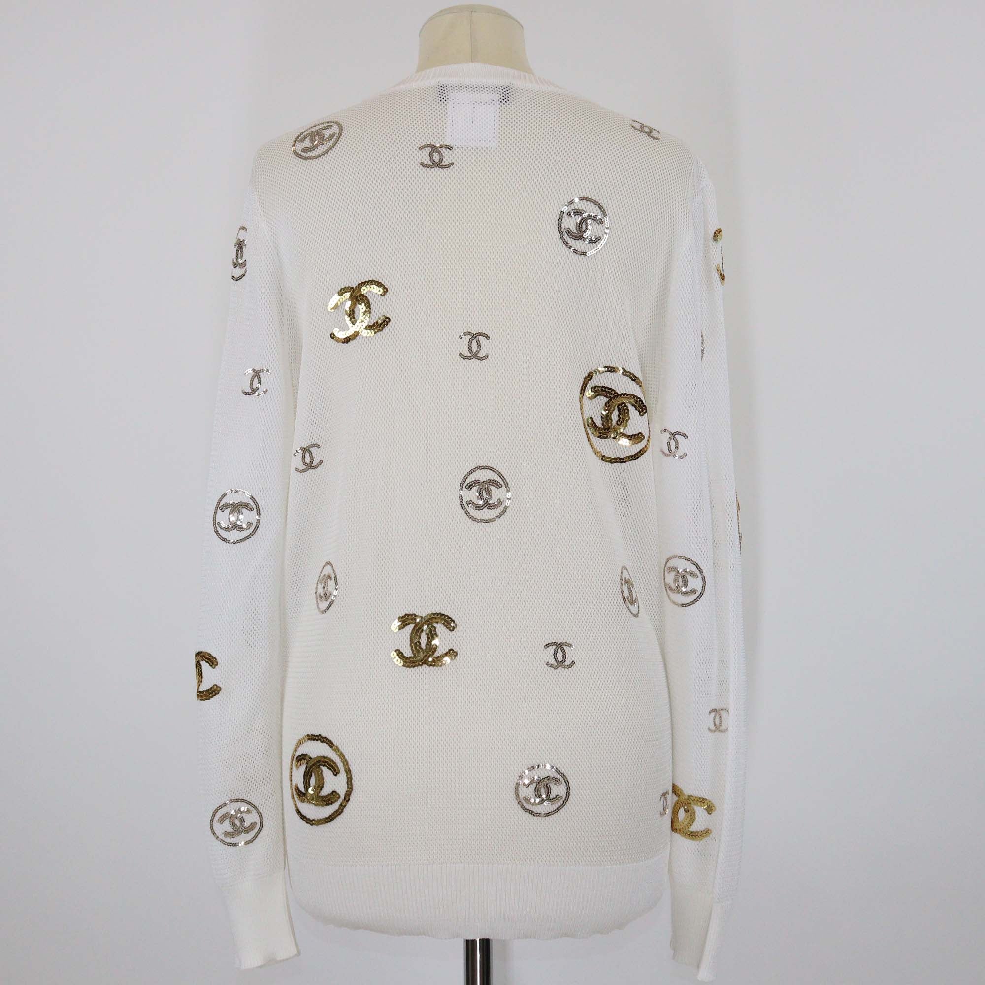 Chanel White/Gold Mesh Viscose CC Logo Sequins Cardigan