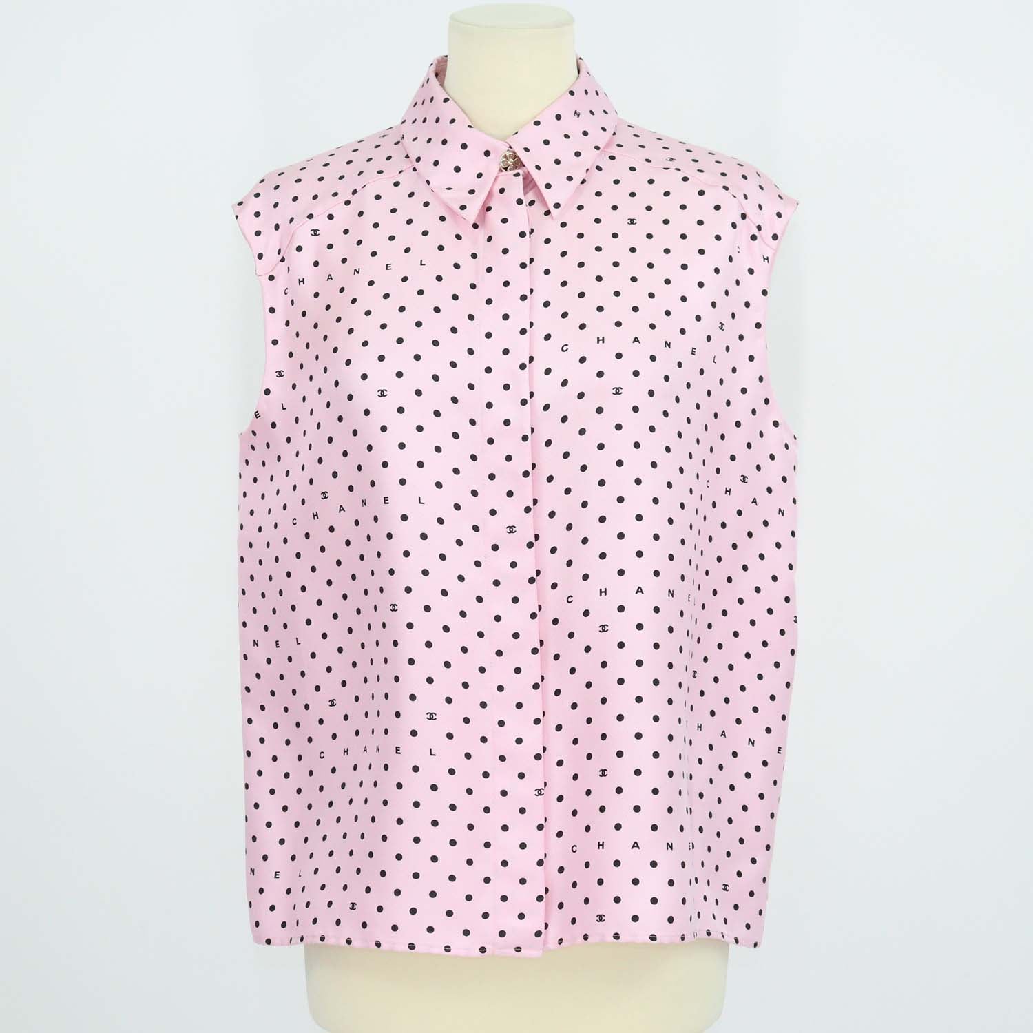 Chanel Pink Silk Polka Dot Sleeveless Shirt