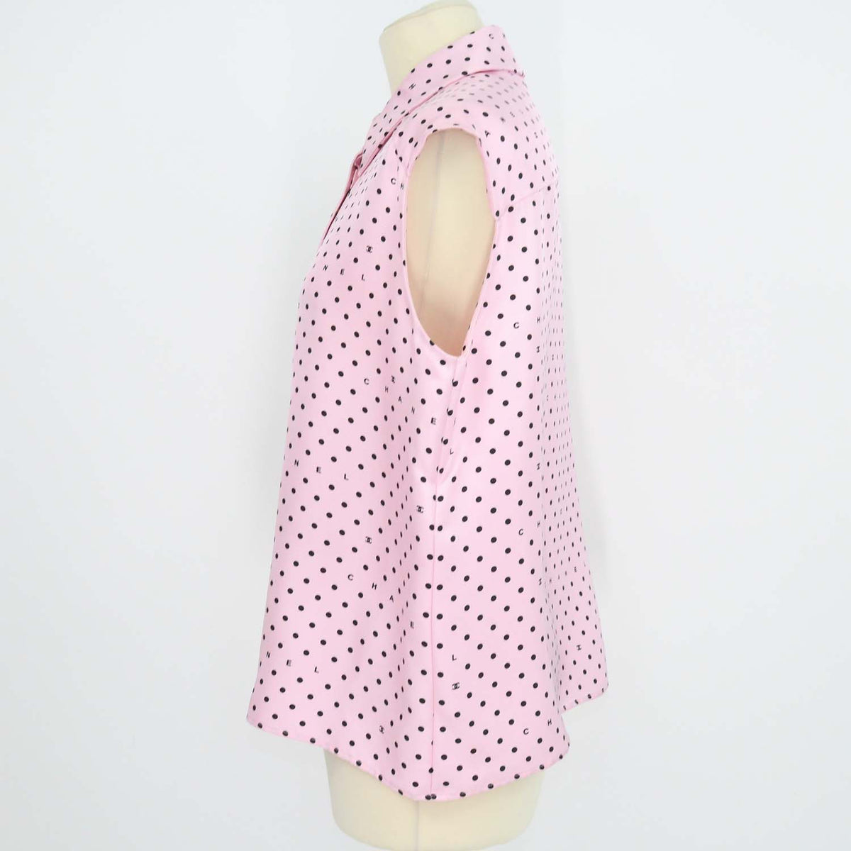 Chanel Pink Silk Polka Dot Sleeveless Shirt