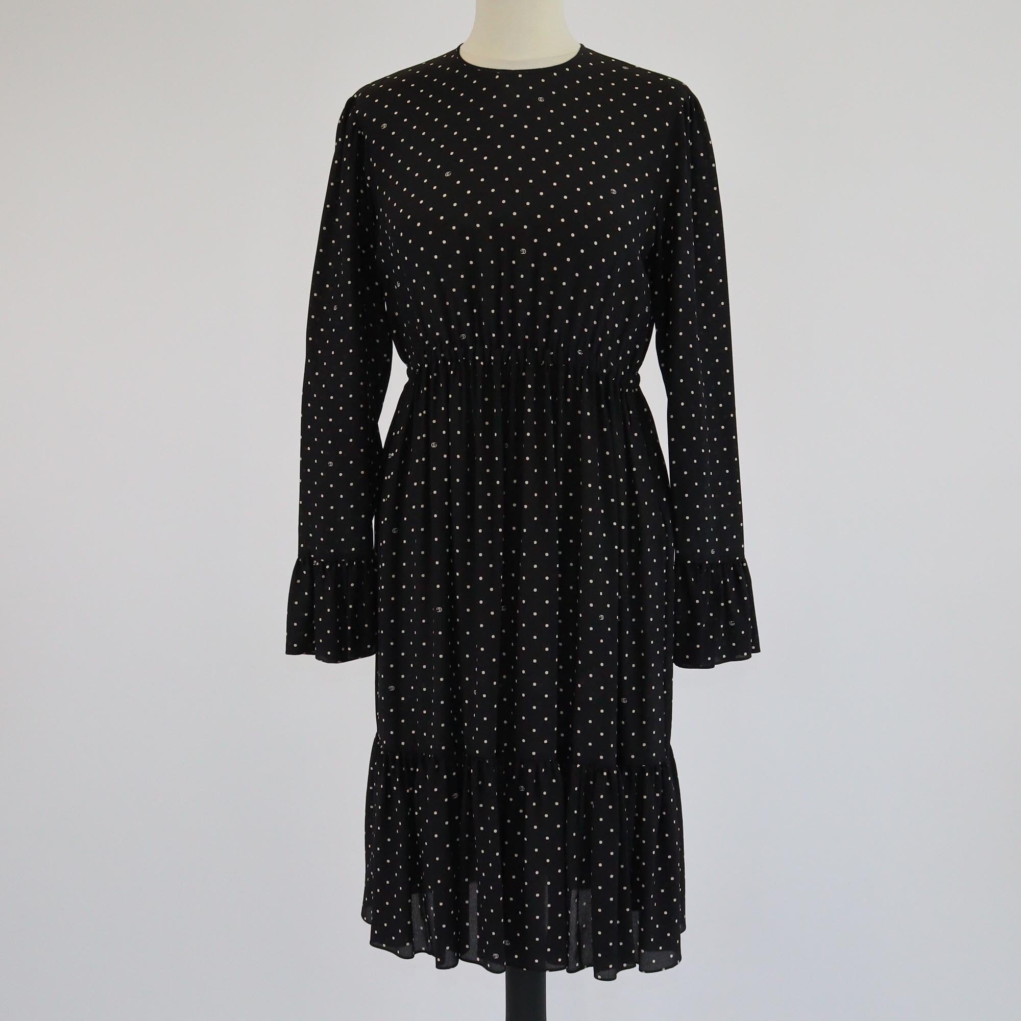 Gucci Black Polka Dot & GG Print Crepe De Chine Midi Dress Womens Gucci 