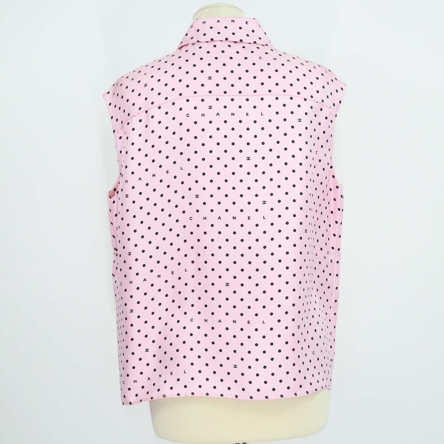 Chanel Pink Silk Polka Dot Sleeveless Shirt