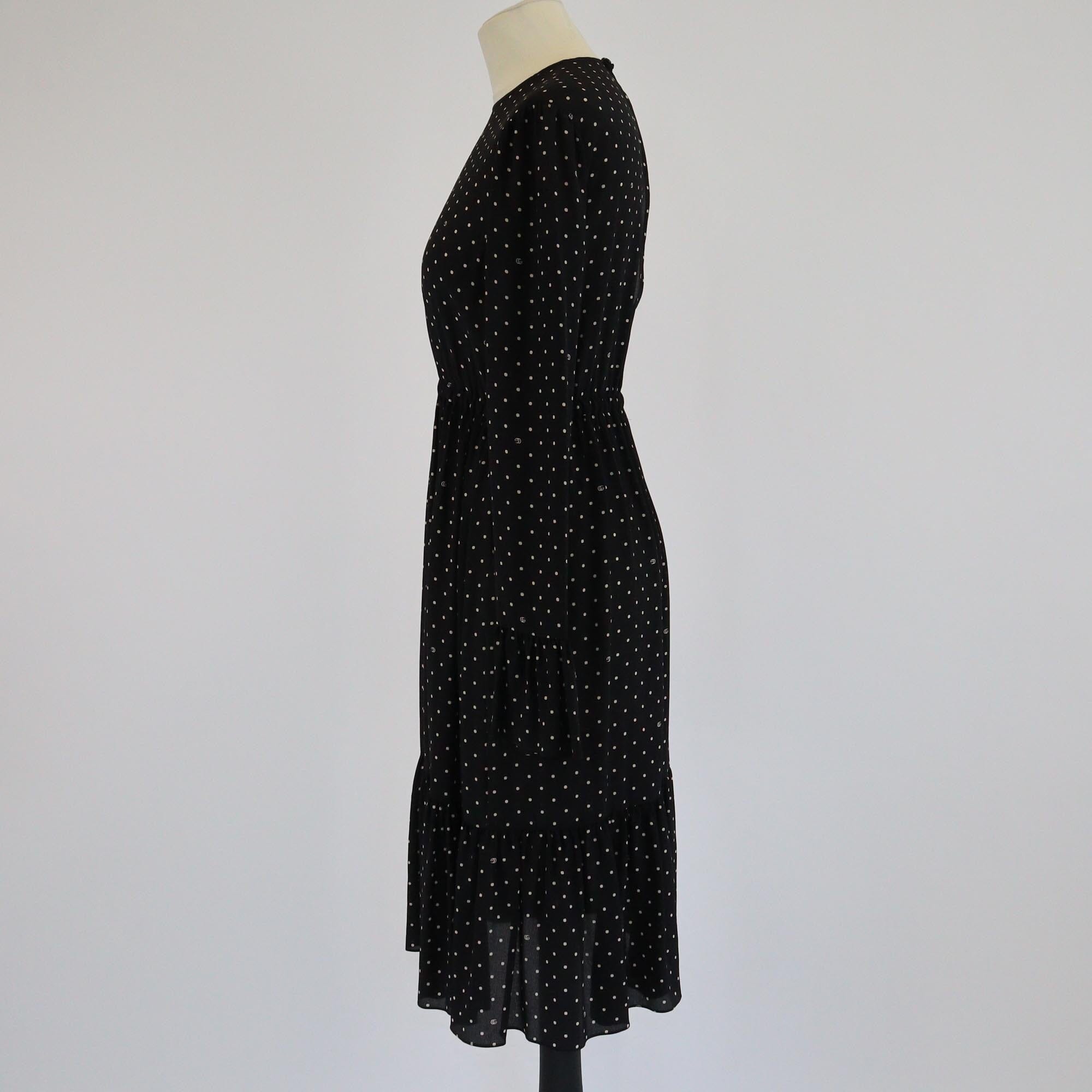 Gucci Black Polka Dot & GG Print Crepe De Chine Midi Dress Womens Gucci 
