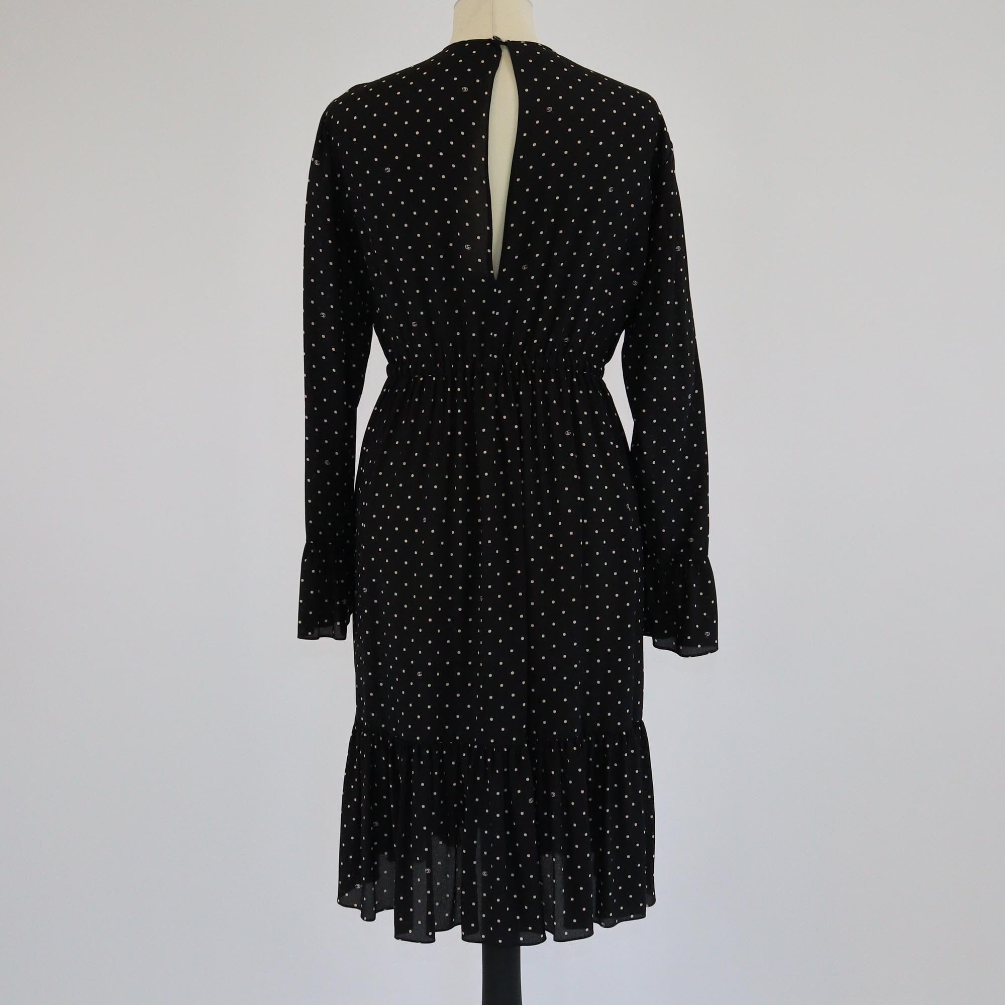 Gucci Black Polka Dot & GG Print Crepe De Chine Midi Dress Womens Gucci 