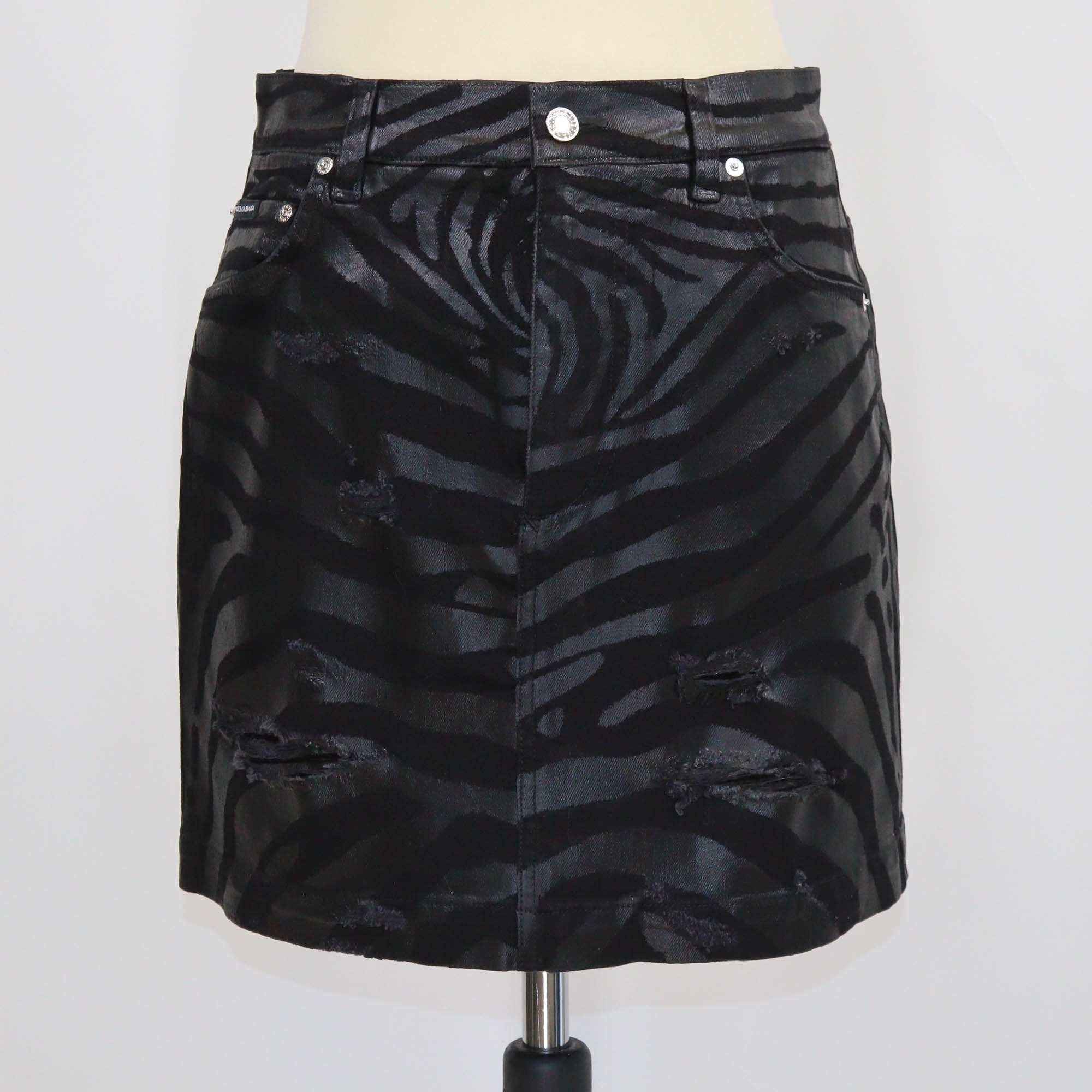 Dolce & Gabbana Black Denim Zebra Effect Distressed Mini Skirt