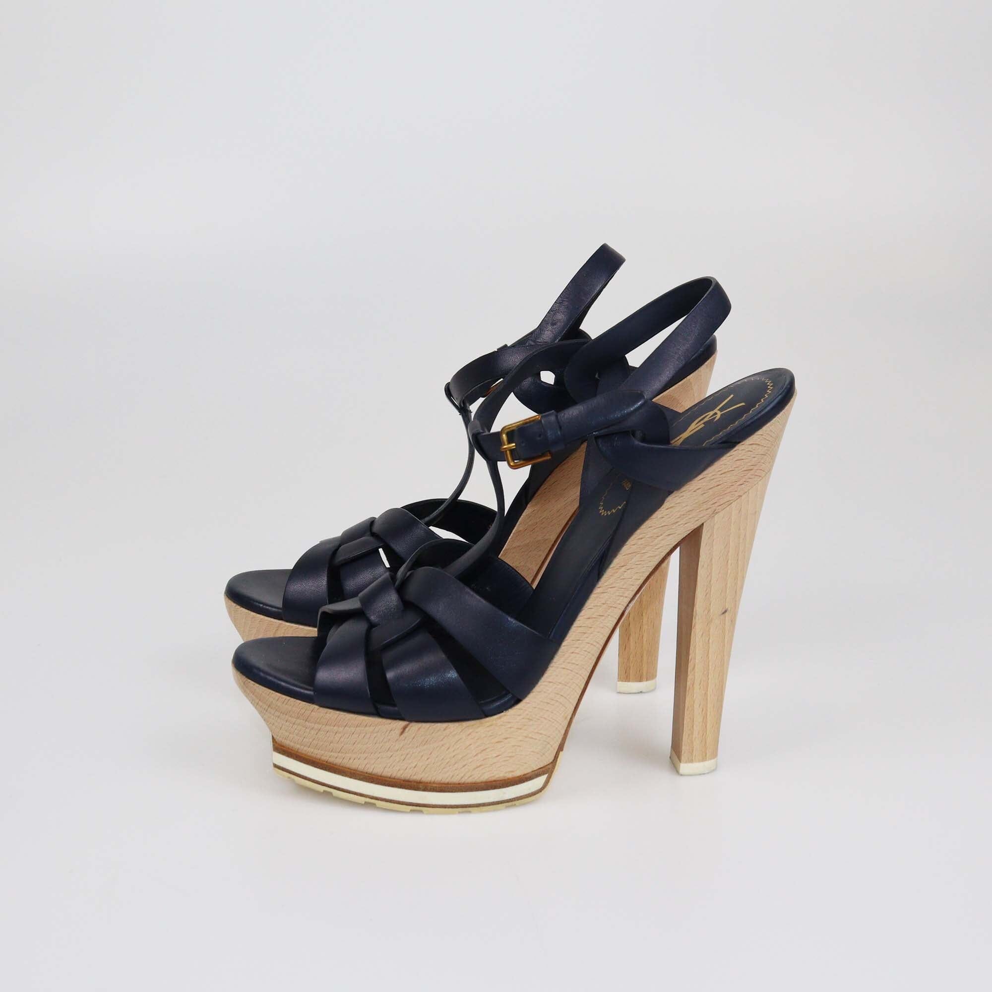 Yves Saint Laurent Navy Blue Platform Tribute Sandals Womens Saint Laurent 